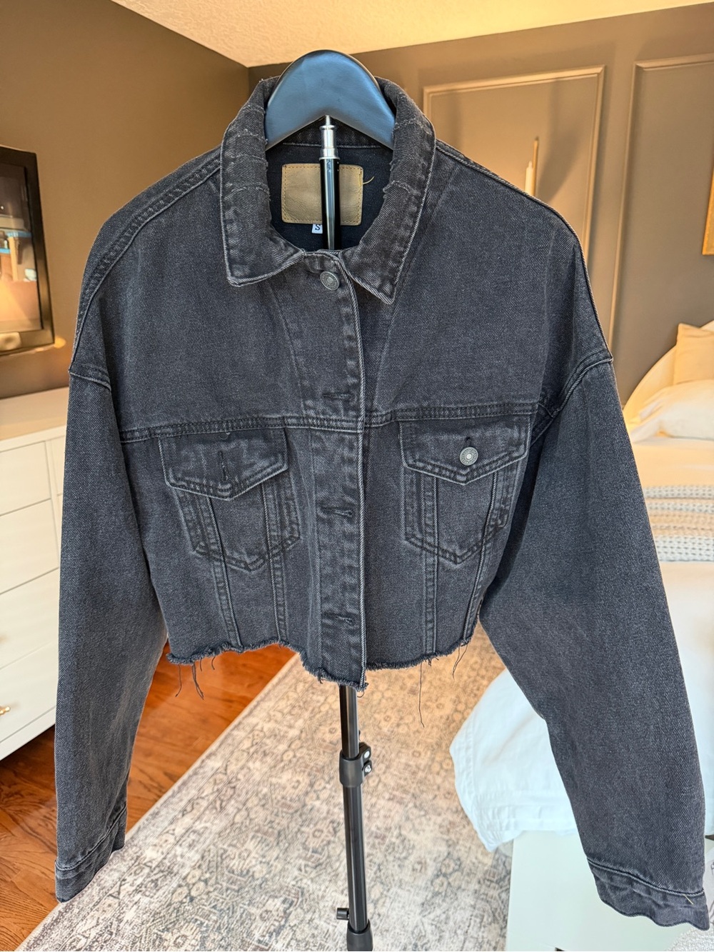 Oversized Cropped Black Denim Jacket Size Small Distressed Raw Hem